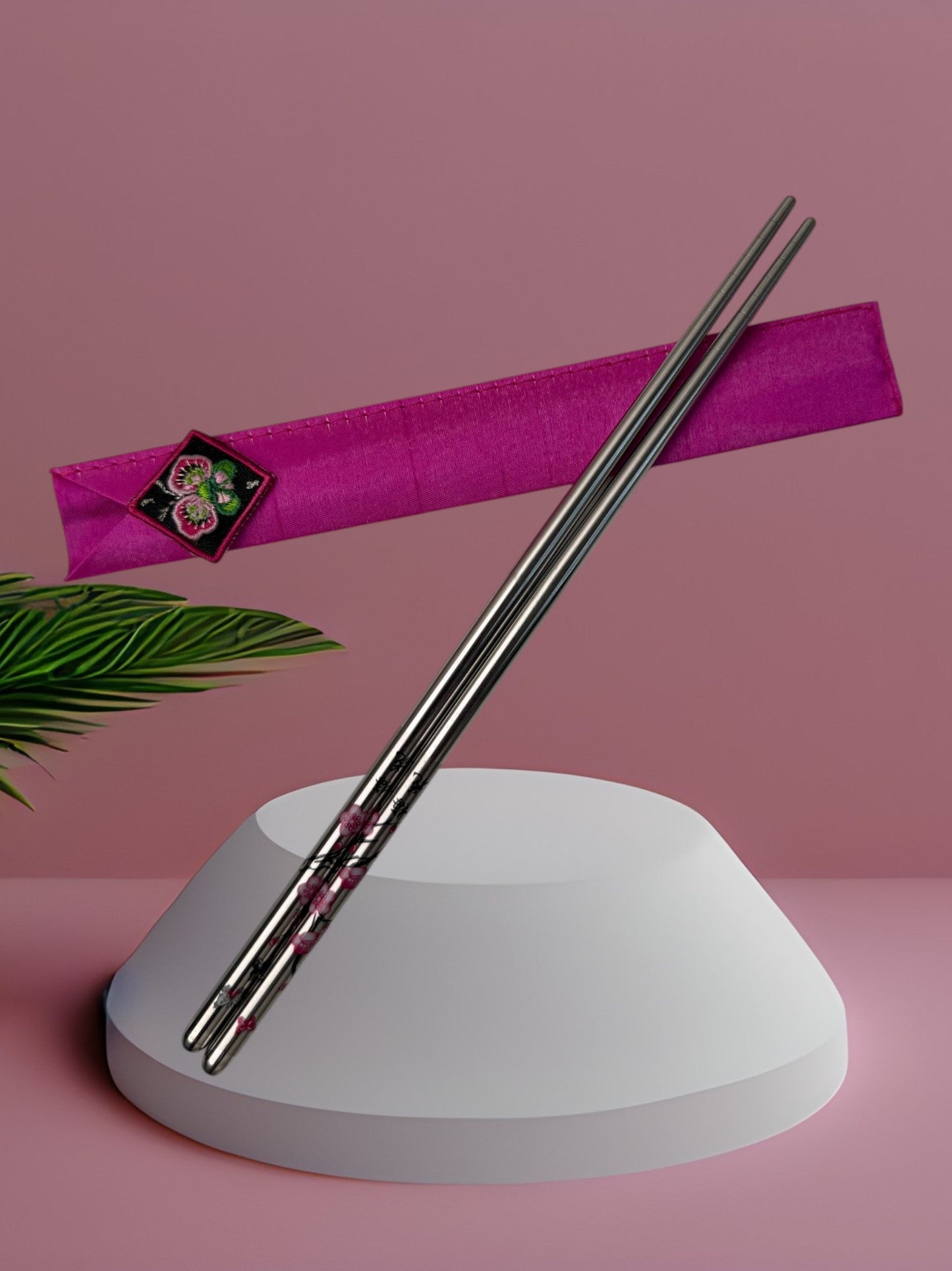 Baguettes JEOTGARAK acier inoxydable avec étui soie brodée fuchsia