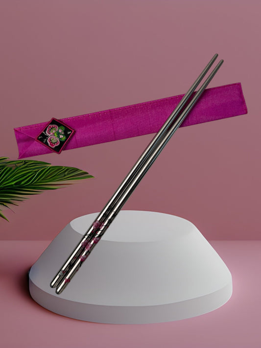 Baguettes JEOTGARAK acier inoxydable avec étui soie brodée fuchsia